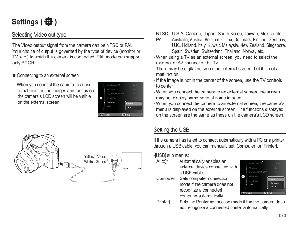 Settings ( ), Setting the usb, Selecting video out type | Samsung EC-HZ50WZBPBUS User Manual | Page 74 / 120