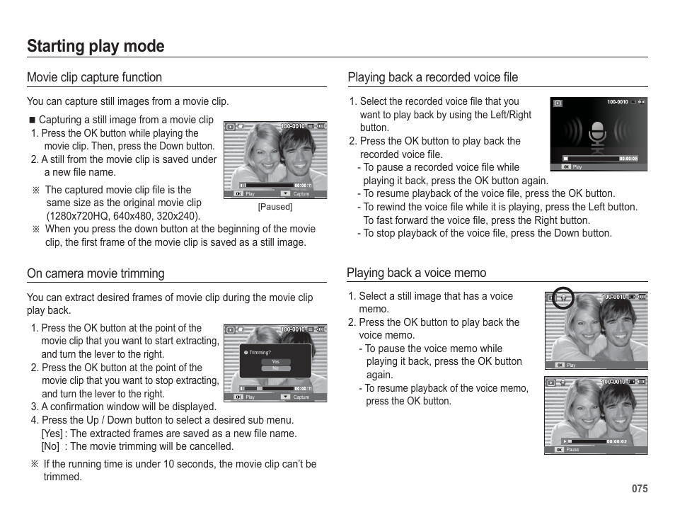 Starting play mode, Movie clip capture function, Playing back a recorded voice fi le | On camera movie trimming | Samsung EC-HZ50WZBPBUS User Manual | Page 76 / 120