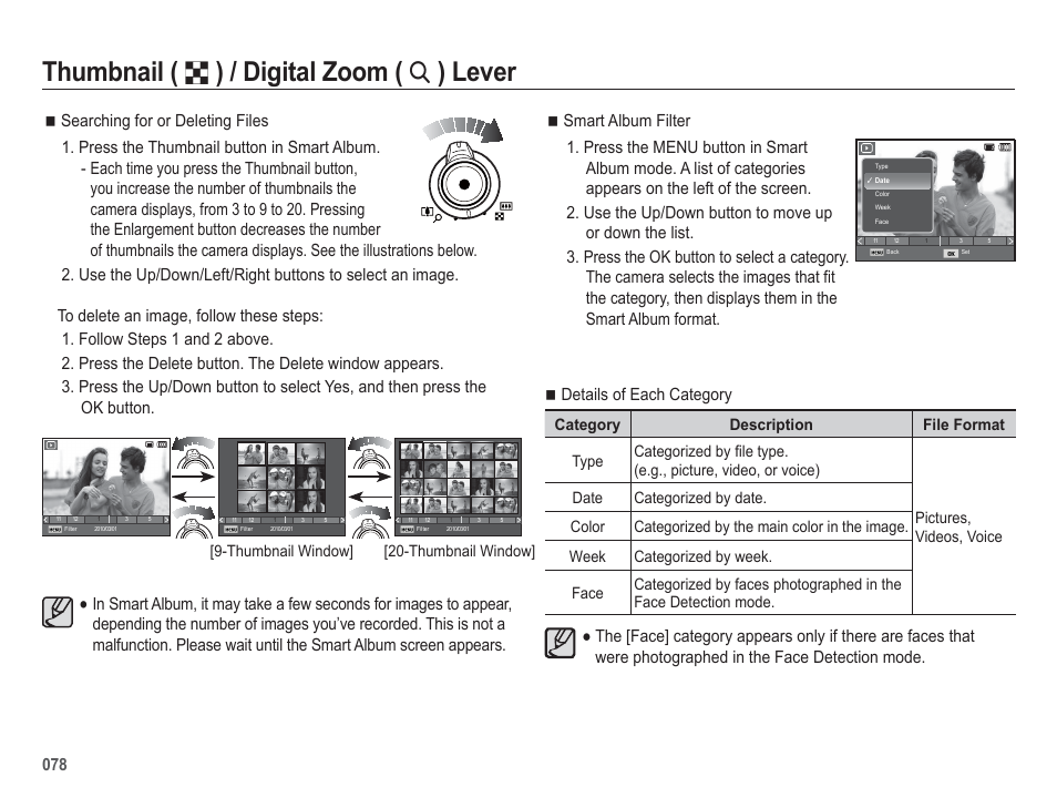 Thumbnail, Digital zoom, Lever | 078 ê details of each category, Thumbnail window] [20-thumbnail window | Samsung EC-HZ50WZBPBUS User Manual | Page 79 / 120