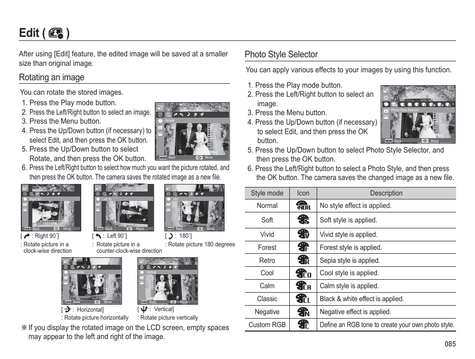 Edit ( ), Rotating an image photo style selector | Samsung EC-HZ50WZBPBUS User Manual | Page 86 / 120