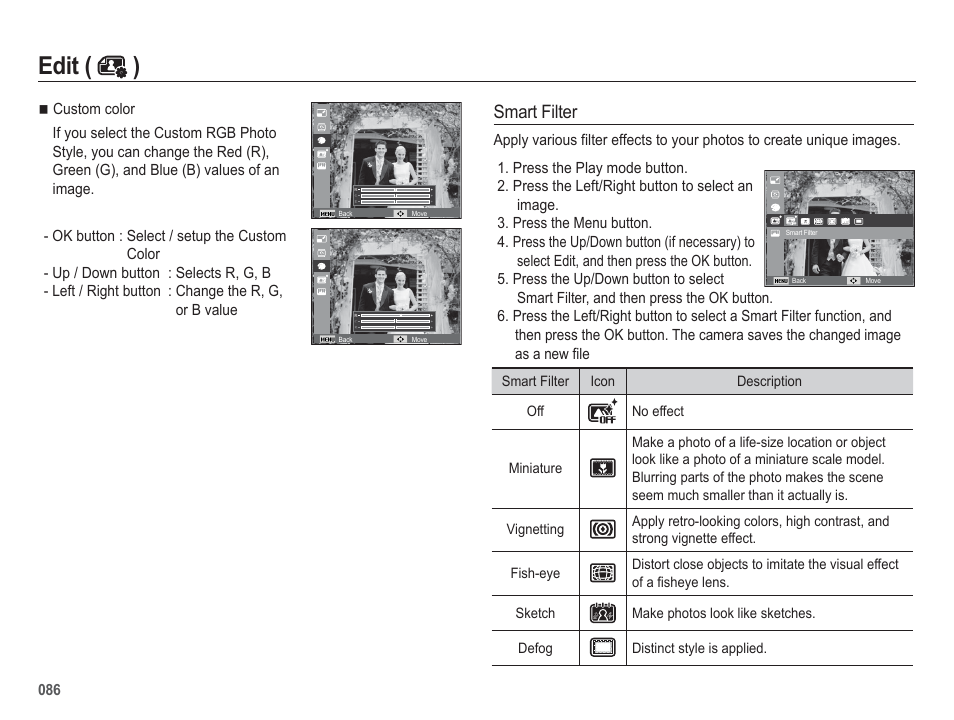 Edit ( ), Smart filter | Samsung EC-HZ50WZBPBUS User Manual | Page 87 / 120