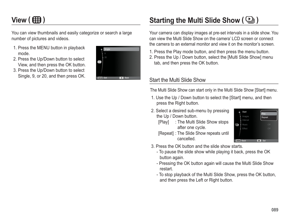 Starting the multi slide show ( ), View ( ), Start the multi slide show | Samsung EC-HZ50WZBPBUS User Manual | Page 90 / 120