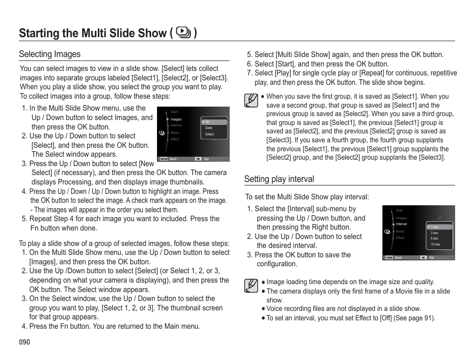 Starting the multi slide show ( ), Selecting images setting play interval | Samsung EC-HZ50WZBPBUS User Manual | Page 91 / 120