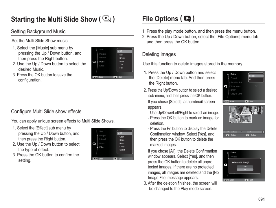 Starting the multi slide show ( ), File options ( ), Confi gure multi slide show effects | Setting background music, Deleting images | Samsung EC-HZ50WZBPBUS User Manual | Page 92 / 120