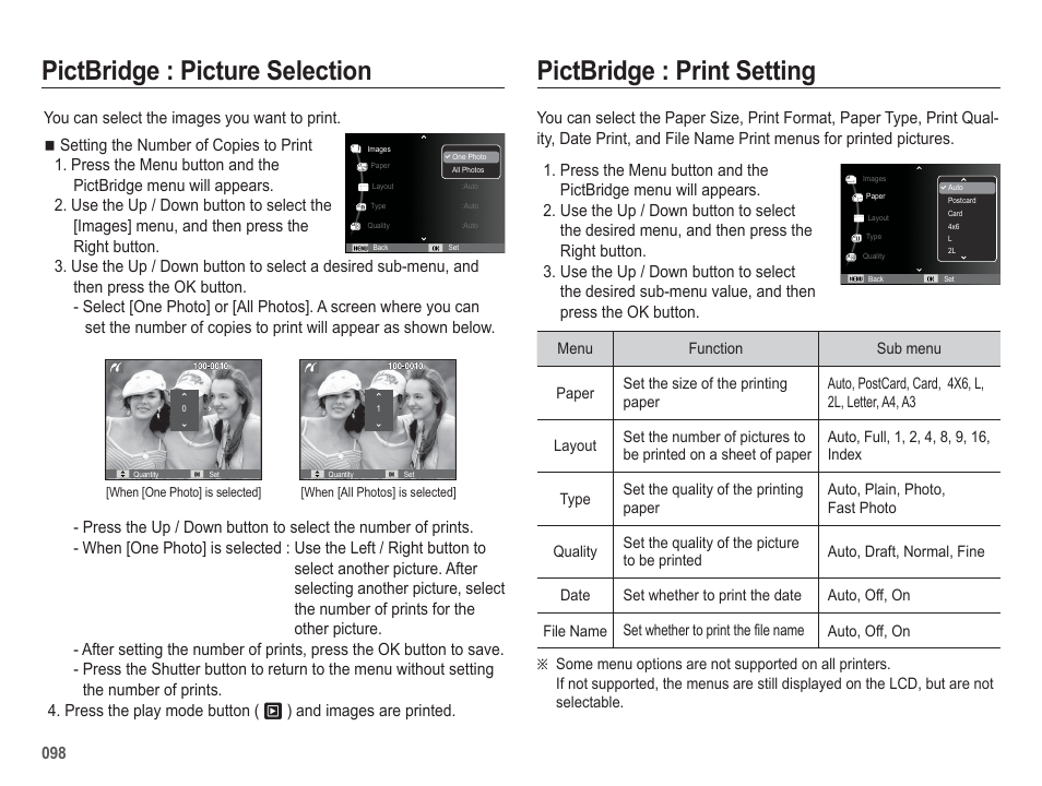 Pictbridge : picture selection, Pictbridge : print setting | Samsung EC-HZ50WZBPBUS User Manual | Page 99 / 120