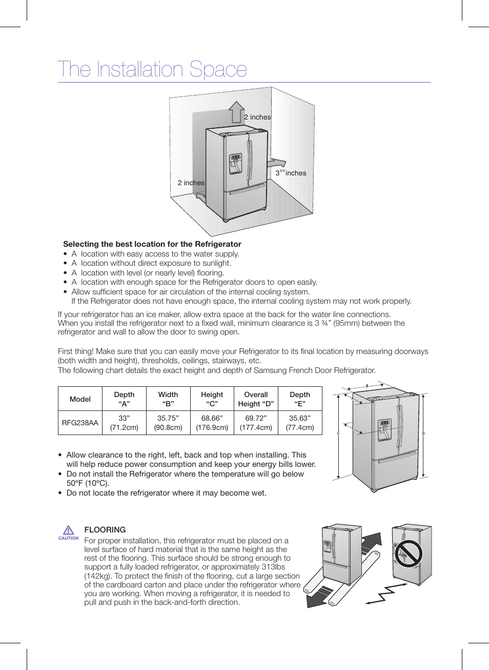 The installation space | Samsung RFG237AAWP-XAA User Manual | Page 2 / 10