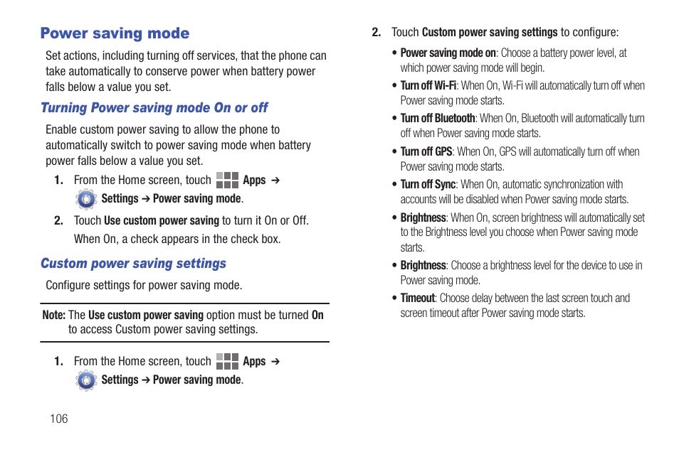 Power saving mode | Samsung SCH-I815LSAVZW User Manual | Page 111 / 184