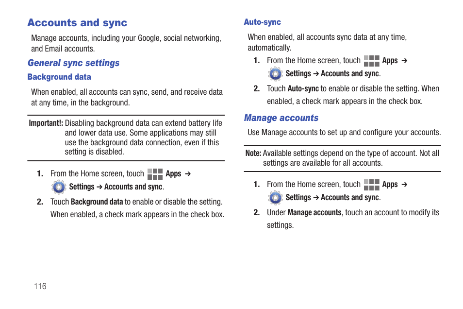 Accounts and sync | Samsung SCH-I815LSAVZW User Manual | Page 121 / 184