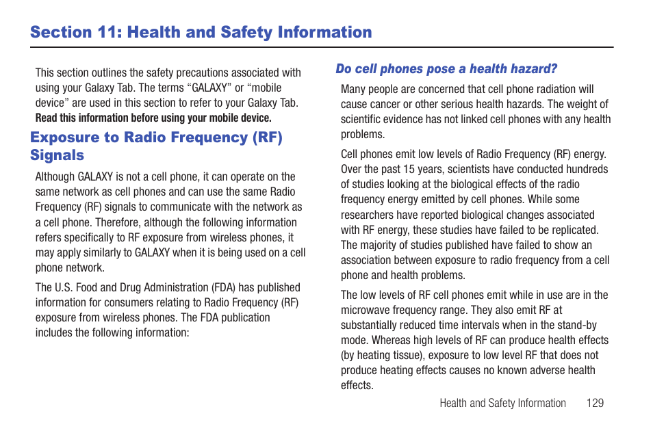 Section 11: health and safety information, Exposure to radio frequency (rf) signals | Samsung SCH-I815LSAVZW User Manual | Page 134 / 184