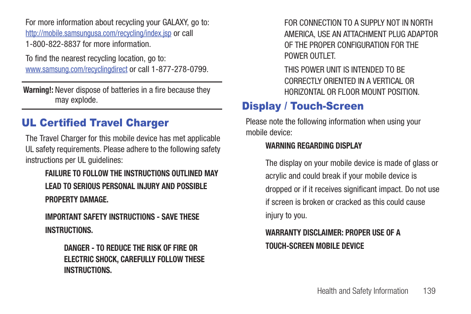 Ul certified travel charger, Display / touch-screen | Samsung SCH-I815LSAVZW User Manual | Page 144 / 184