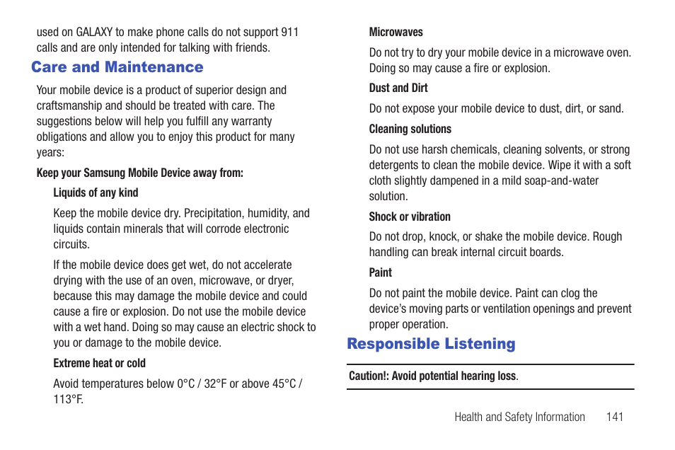 Care and maintenance, Responsible listening | Samsung SCH-I815LSAVZW User Manual | Page 146 / 184