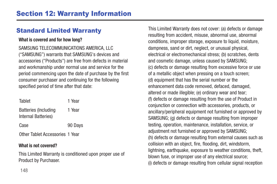 Section 12: warranty information, Standard limited warranty | Samsung SCH-I815LSAVZW User Manual | Page 153 / 184