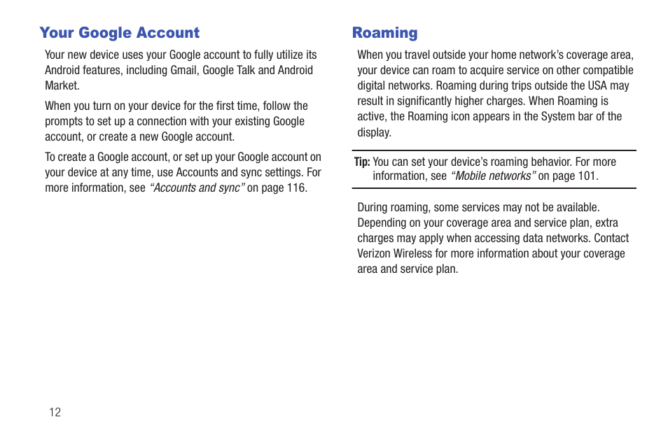 Your google account, Roaming | Samsung SCH-I815LSAVZW User Manual | Page 17 / 184