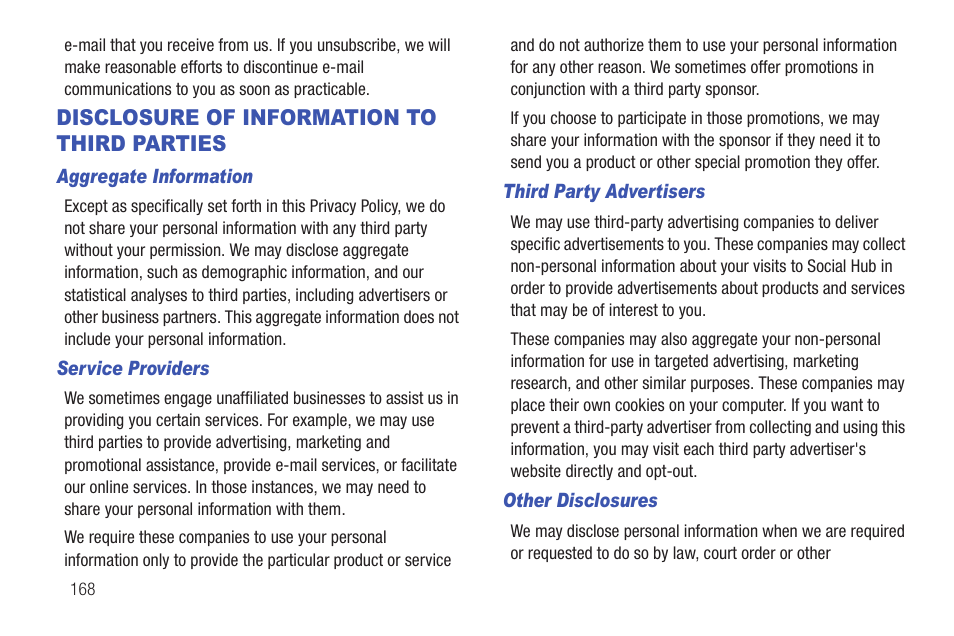 Disclosure of information to third parties, Disclosure of information to third parties . 168 | Samsung SCH-I815LSAVZW User Manual | Page 173 / 184