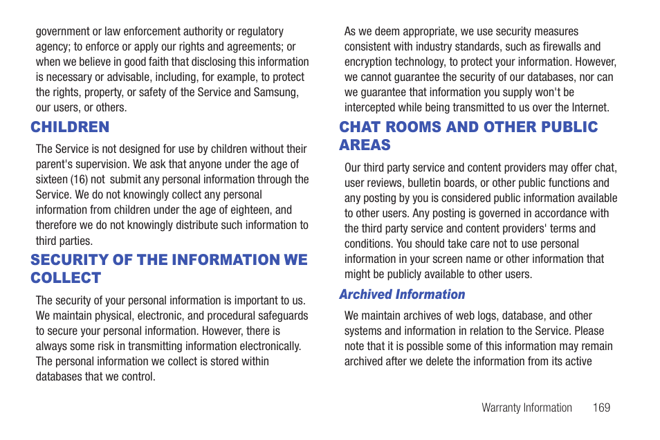 Children, Security of the information we collect, Chat rooms and other public areas | Samsung SCH-I815LSAVZW User Manual | Page 174 / 184