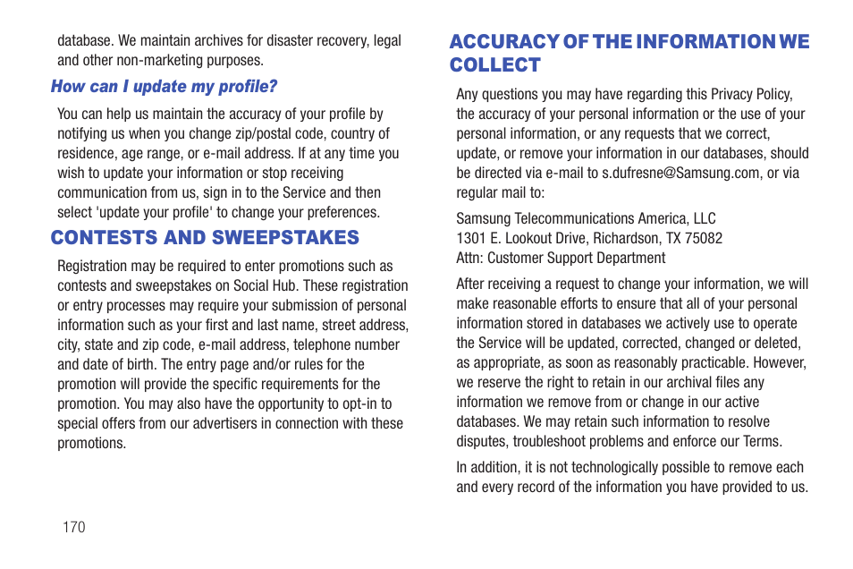 Contests and sweepstakes, Accuracy of the information we collect | Samsung SCH-I815LSAVZW User Manual | Page 175 / 184