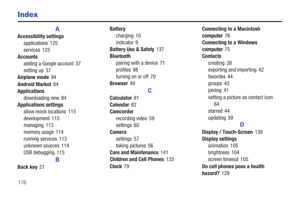 Index | Samsung SCH-I815LSAVZW User Manual | Page 181 / 184