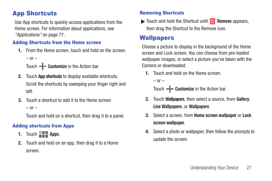 App shortcuts, Wallpapers | Samsung SCH-I815LSAVZW User Manual | Page 32 / 184