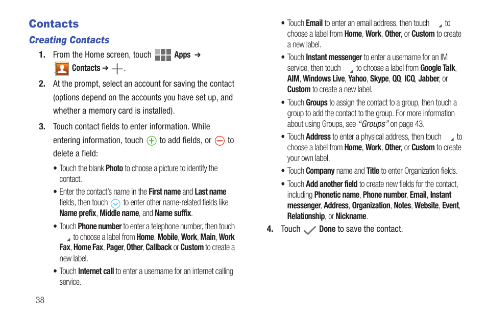 Contacts | Samsung SCH-I815LSAVZW User Manual | Page 43 / 184