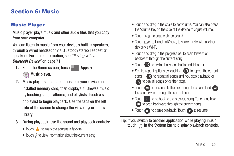 Section 6: music, Music player | Samsung SCH-I815LSAVZW User Manual | Page 58 / 184