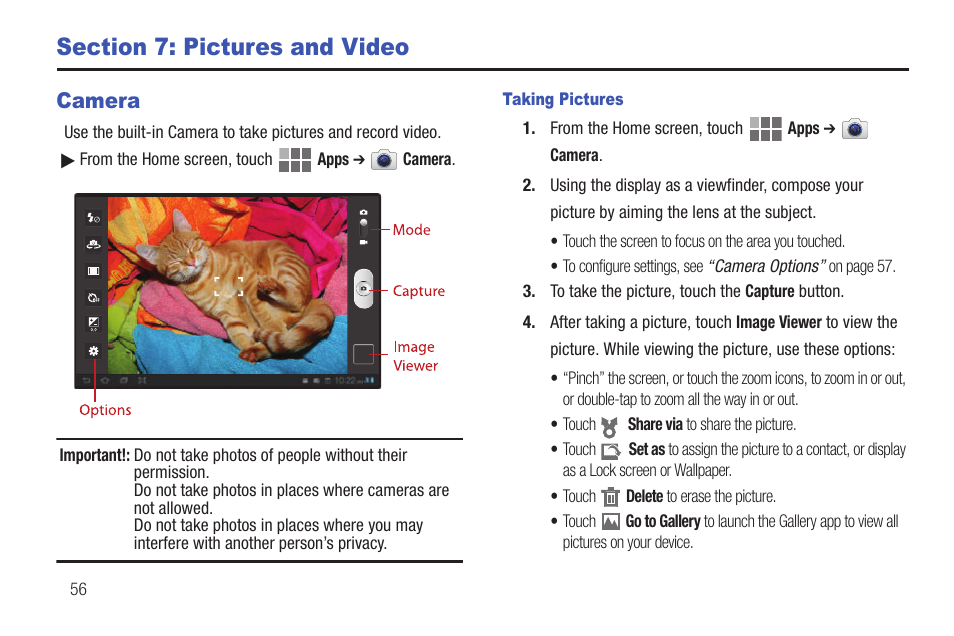 Section 7: pictures and video, Camera | Samsung SCH-I815LSAVZW User Manual | Page 61 / 184