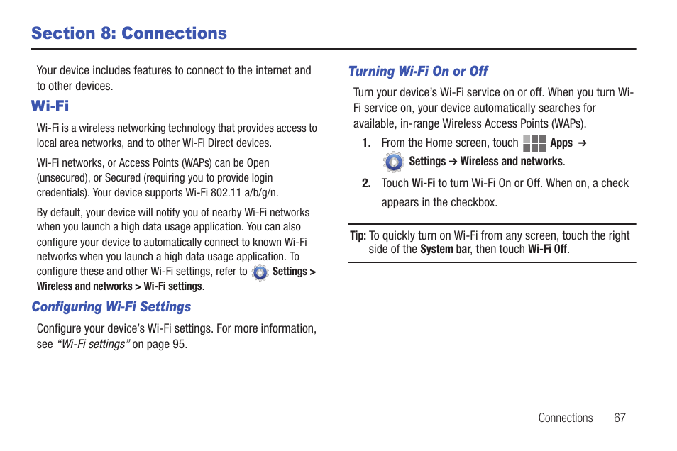 Section 8: connections, Wi-fi | Samsung SCH-I815LSAVZW User Manual | Page 72 / 184