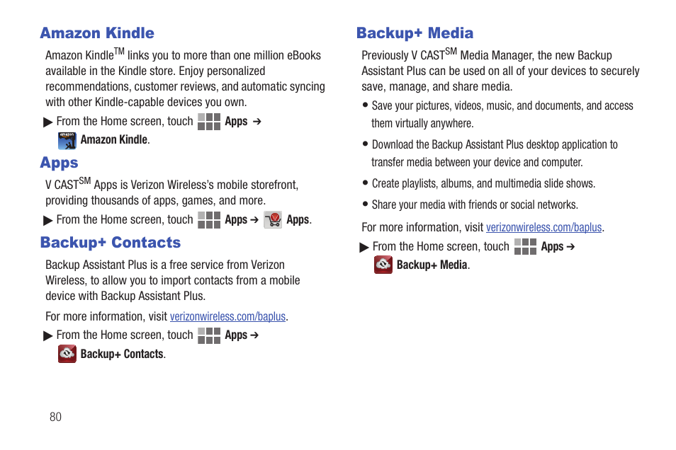 Amazon kindle, Apps, Backup+ contacts | Backup+ media | Samsung SCH-I815LSAVZW User Manual | Page 85 / 184