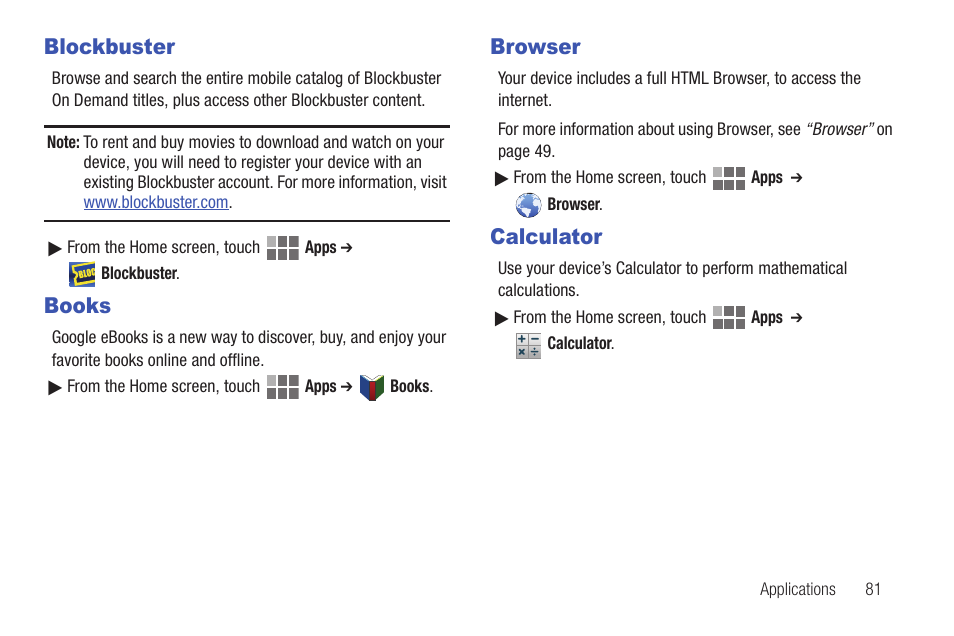 Blockbuster, Books, Browser | Calculator | Samsung SCH-I815LSAVZW User Manual | Page 86 / 184