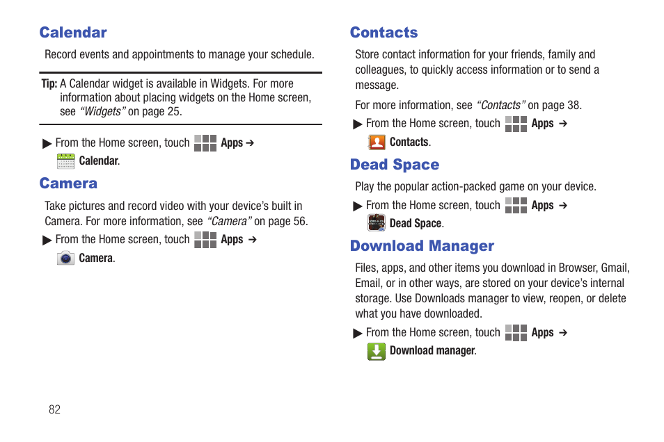 Calendar, Camera, Contacts | Dead space, Download manager | Samsung SCH-I815LSAVZW User Manual | Page 87 / 184