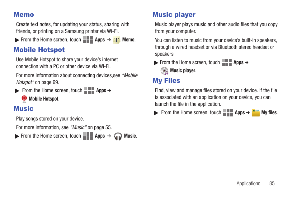 Memo, Mobile hotspot, Music | Music player, My files | Samsung SCH-I815LSAVZW User Manual | Page 90 / 184