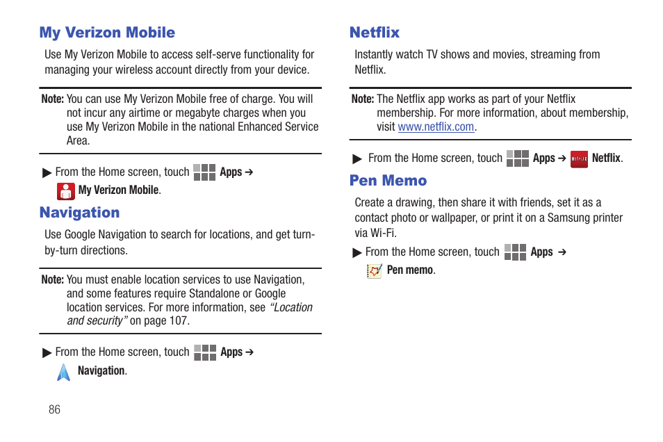 My verizon mobile, Navigation, Netflix | Pen memo | Samsung SCH-I815LSAVZW User Manual | Page 91 / 184