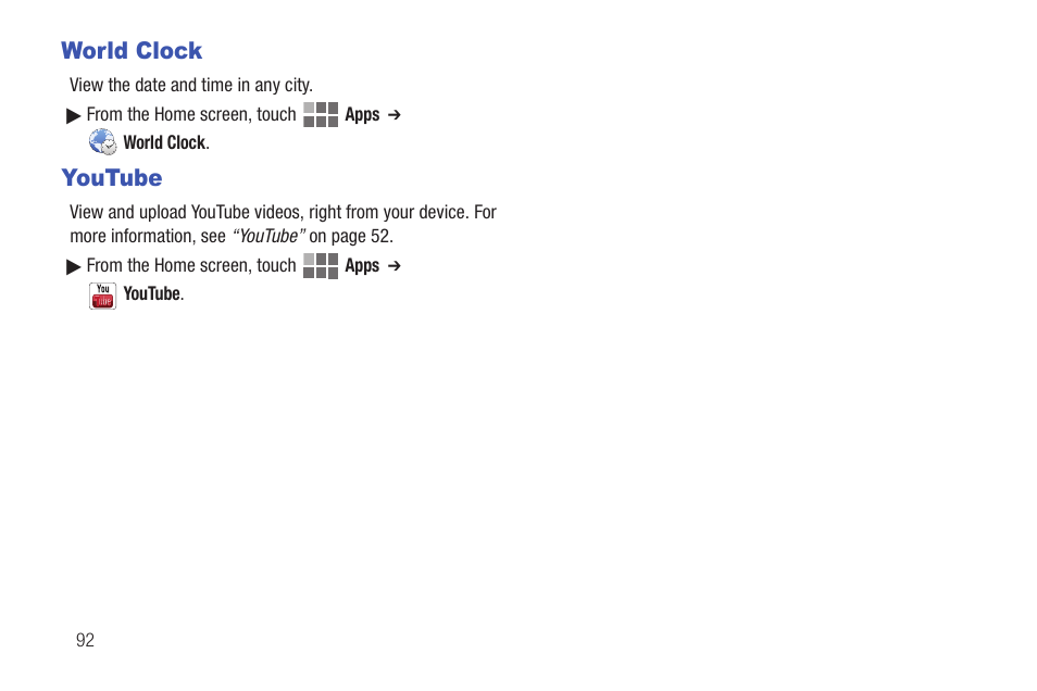 World clock, Youtube | Samsung SCH-I815LSAVZW User Manual | Page 97 / 184