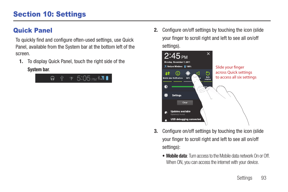 Section 10: settings, Quick panel | Samsung SCH-I815LSAVZW User Manual | Page 98 / 184