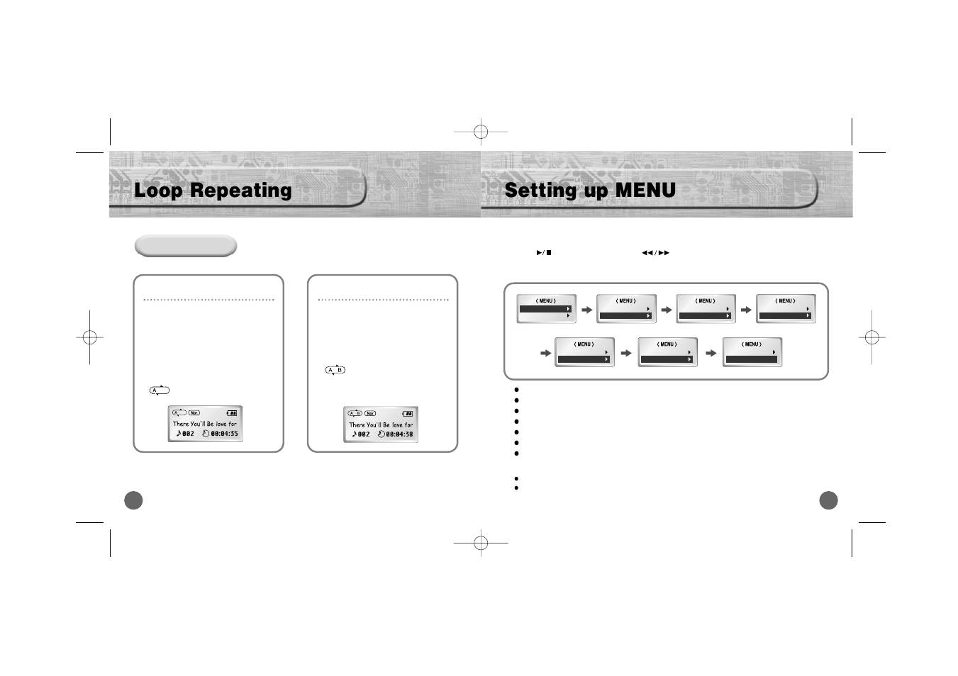 Setting up menu, Loop repeating, Starting point | Ending point | Samsung YP700H User Manual | Page 13 / 37