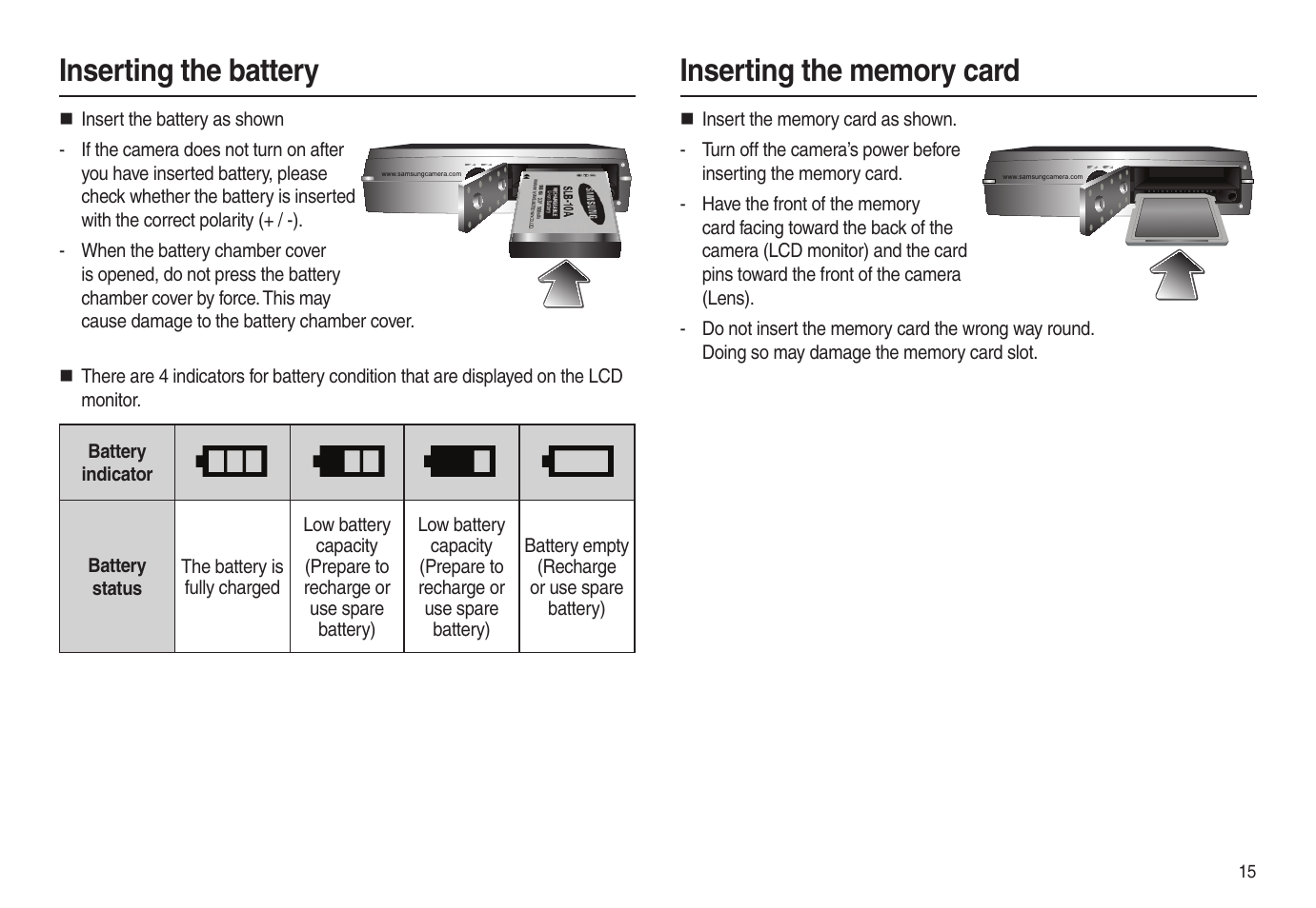 Inserting the battery | Samsung EC-L100ZSBA-US User Manual | Page 16 / 102