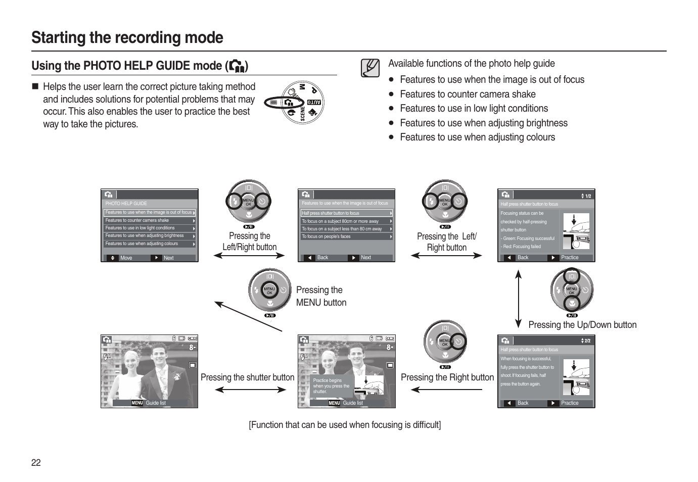 Starting the recording mode, Using the photo help guide mode ( ) | Samsung EC-L100ZSBA-US User Manual | Page 23 / 102