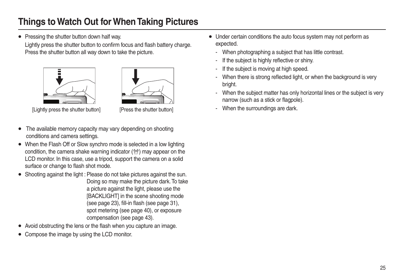 Things to watch out for when taking pictures | Samsung EC-L100ZSBA-US User Manual | Page 26 / 102
