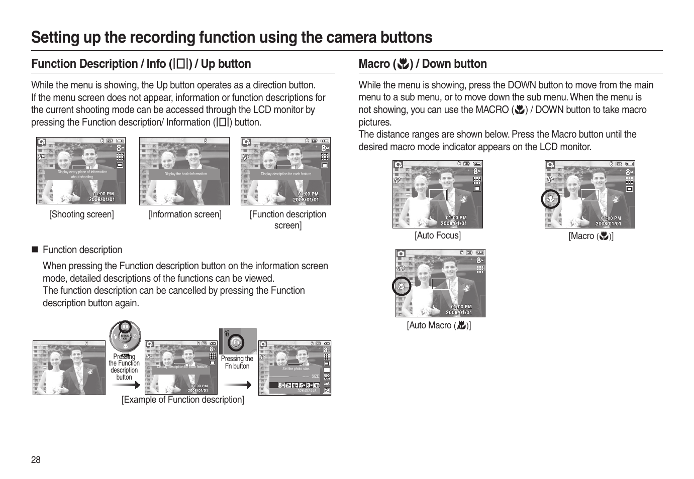 Function description / info (  ) / up button, Macro (  ) / down button | Samsung EC-L100ZSBA-US User Manual | Page 29 / 102