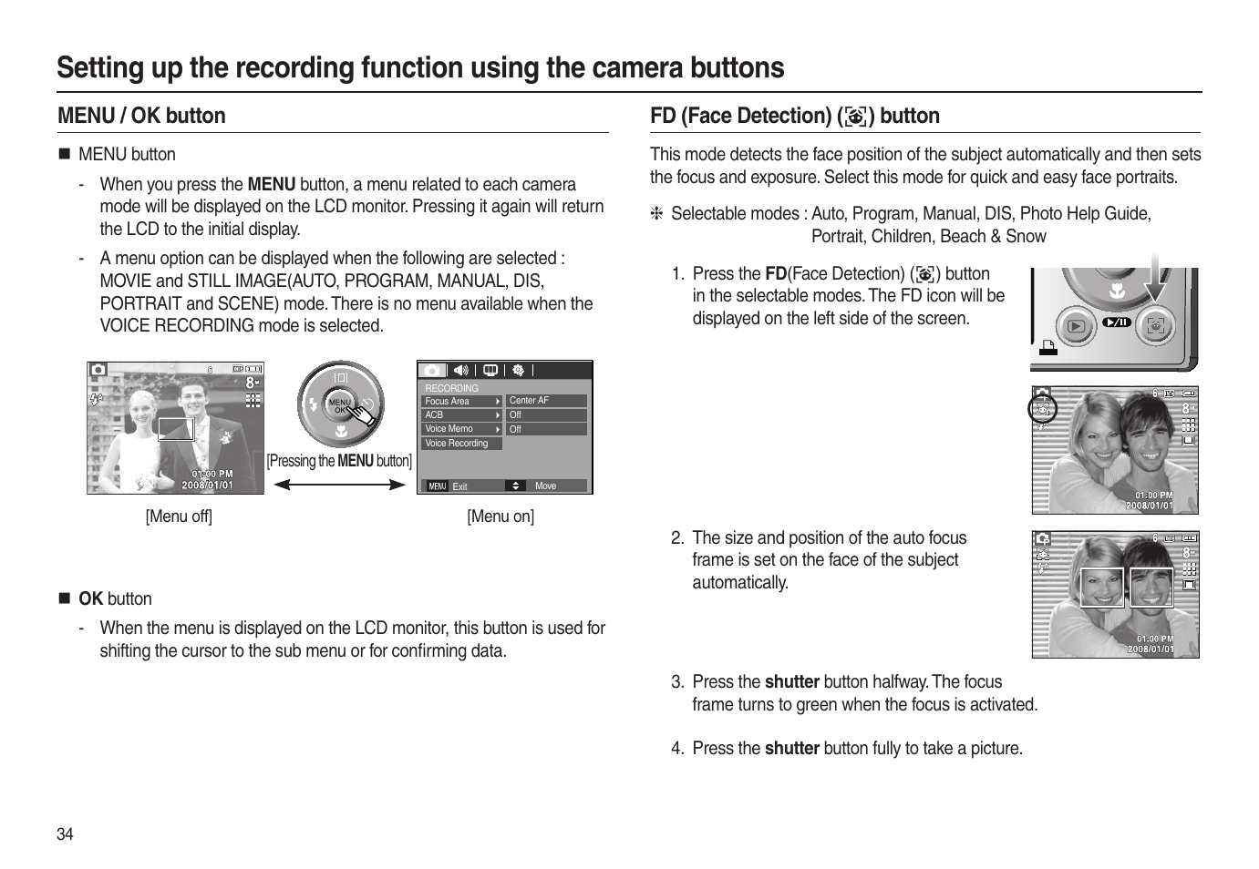 Fd (face detection) (  ) button, Menu / ok button | Samsung EC-L100ZSBA-US User Manual | Page 35 / 102