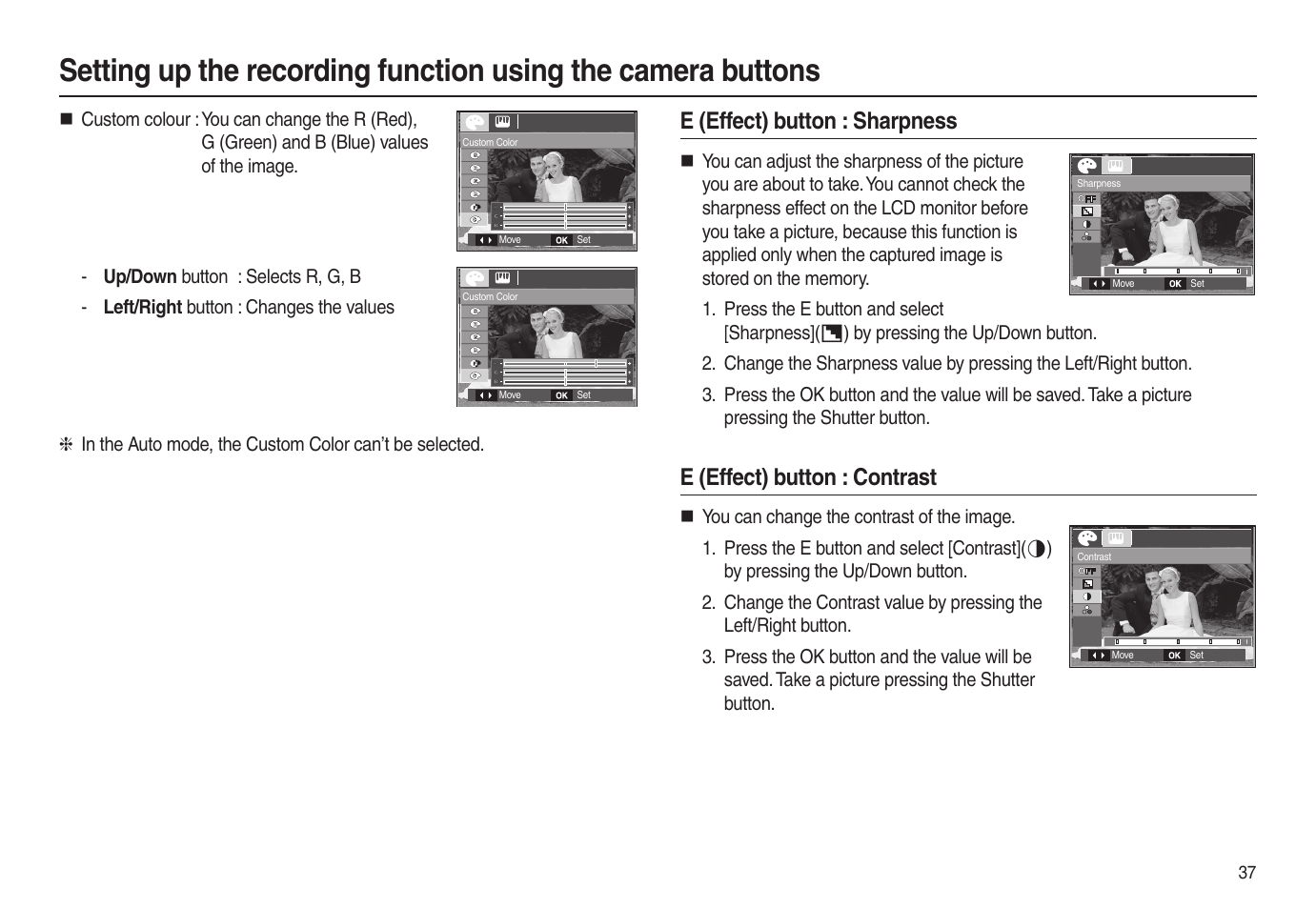 E (effect) button : sharpness, E (effect) button : contrast | Samsung EC-L100ZSBA-US User Manual | Page 38 / 102