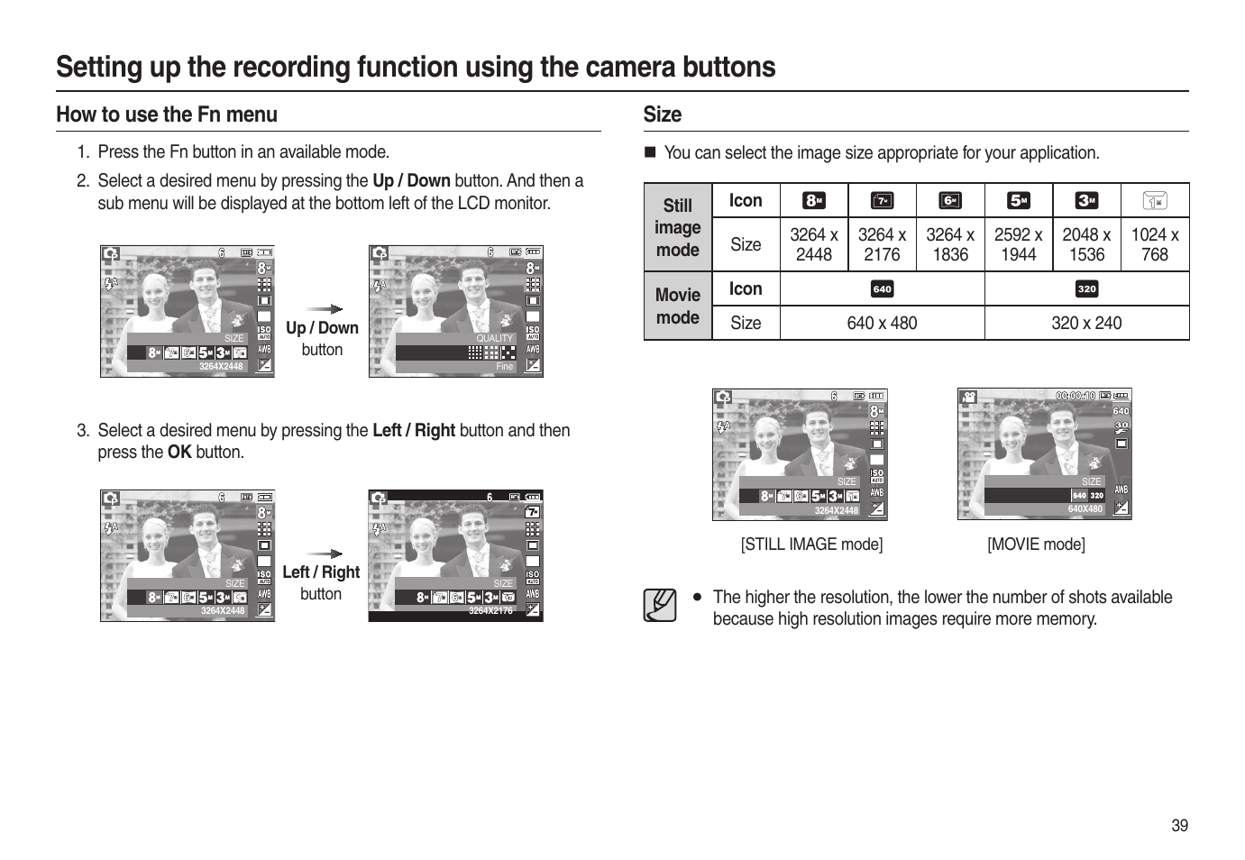 How to use the fn menu, Size | Samsung EC-L100ZSBA-US User Manual | Page 40 / 102
