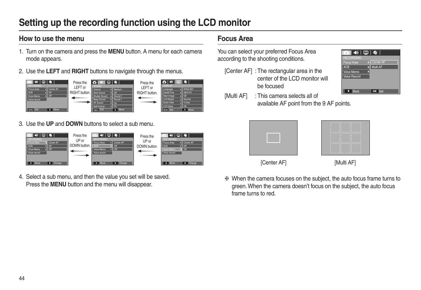 How to use the menu, Focus area, Center af] [multi af | Samsung EC-L100ZSBA-US User Manual | Page 45 / 102