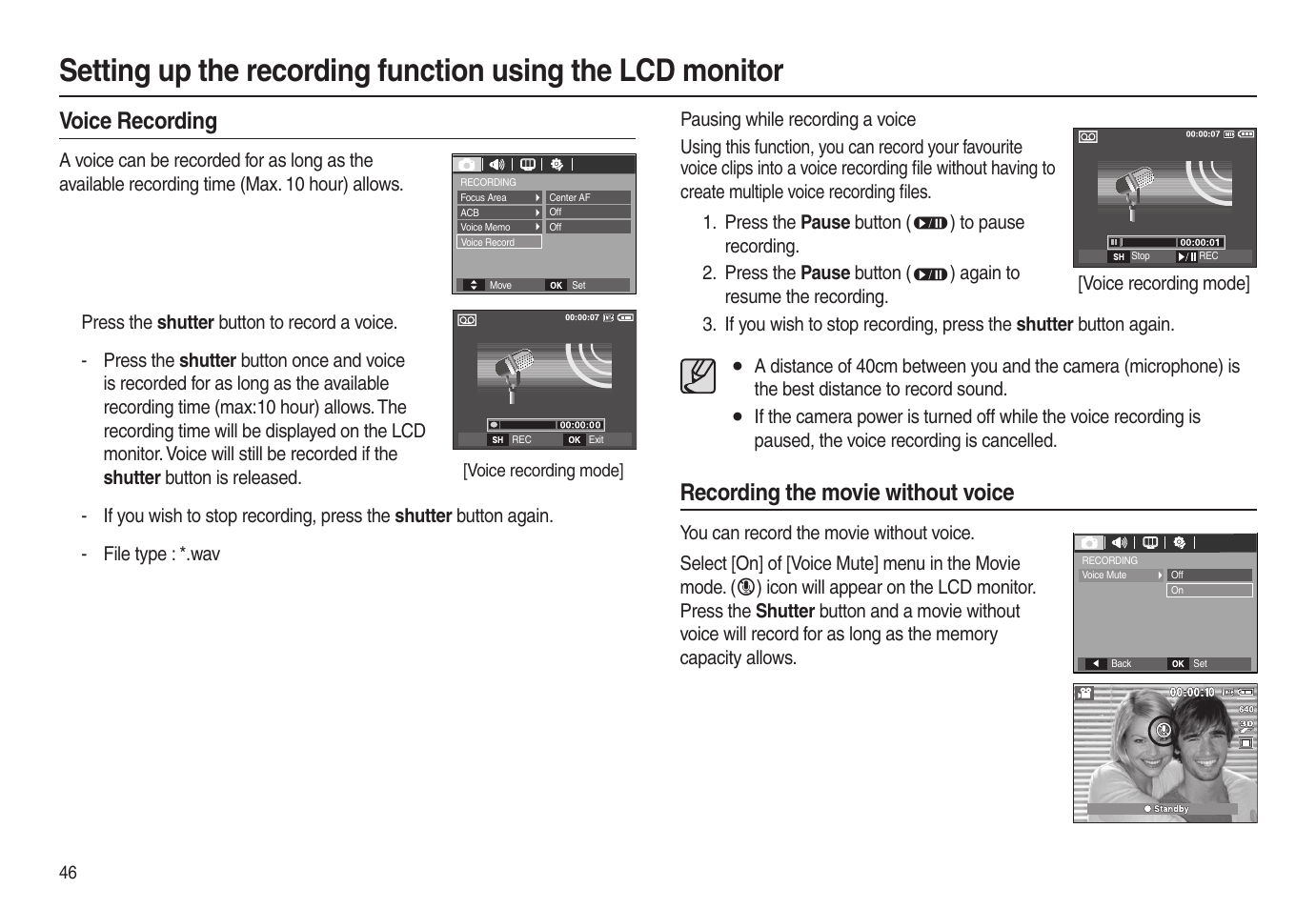 Voice recording, Xrecording the movie without voice | Samsung EC-L100ZSBA-US User Manual | Page 47 / 102