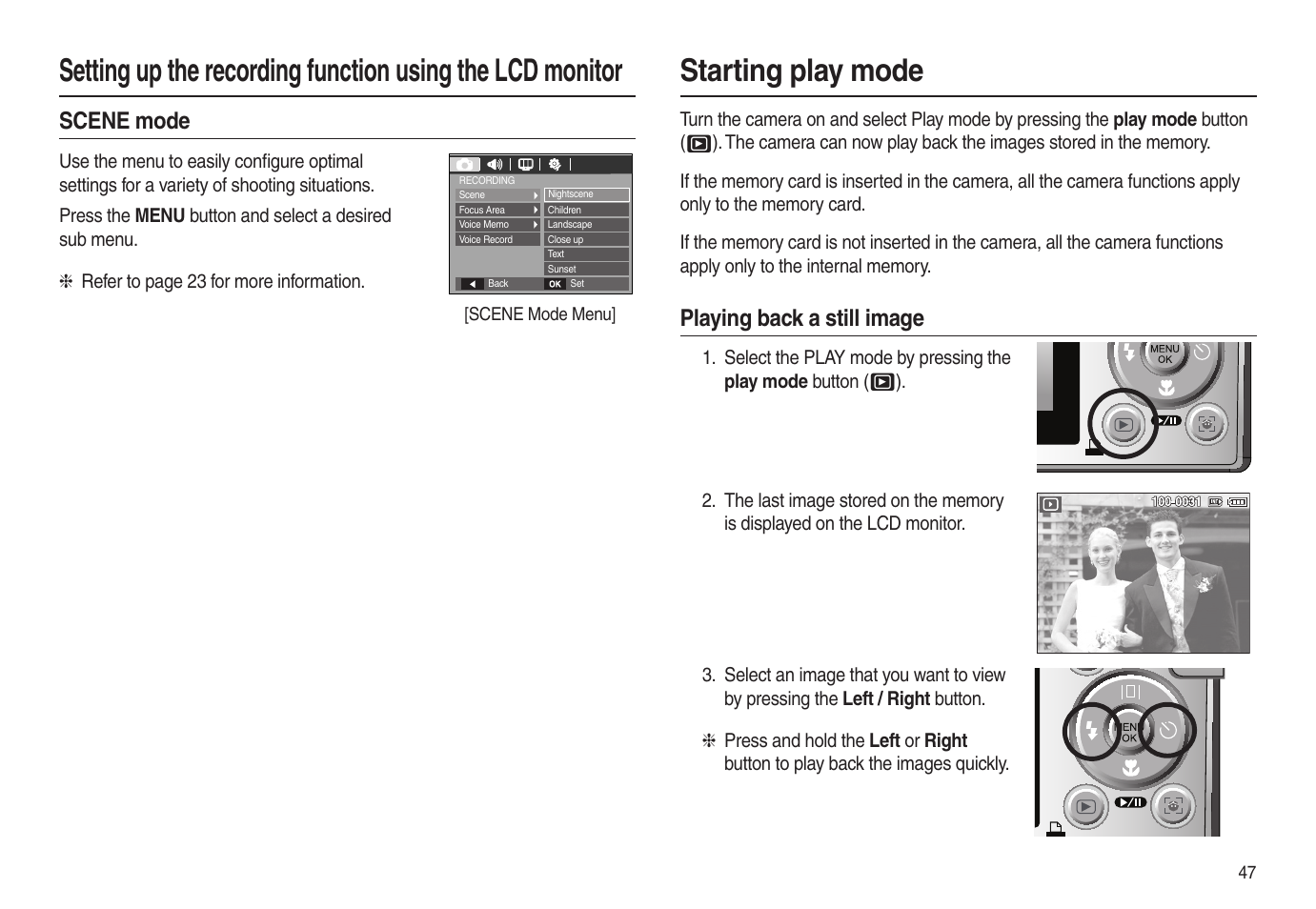 Starting play mode, Scene mode, Playing back a still image | Samsung EC-L100ZSBA-US User Manual | Page 48 / 102