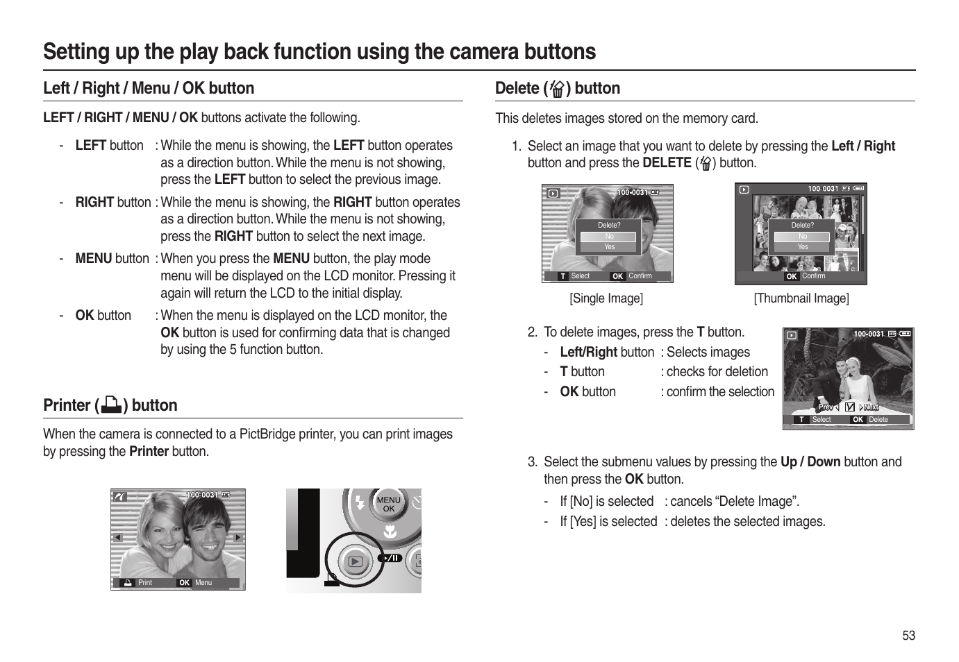 Left / right / menu / ok button, Printer, Button | Delete (  ) button | Samsung EC-L100ZSBA-US User Manual | Page 54 / 102