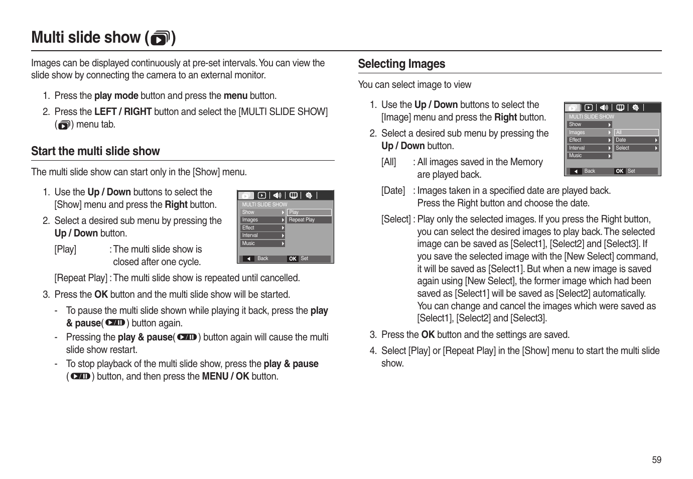 Multi slide show (  ), Start the multi slide show, Selecting images | Samsung EC-L100ZSBA-US User Manual | Page 60 / 102