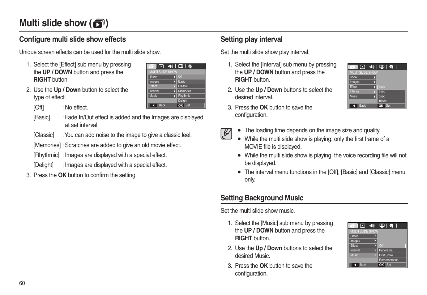 Multi slide show (  ), Setting play interval, Xsetting background music | Conﬁ gure multi slide show effects | Samsung EC-L100ZSBA-US User Manual | Page 61 / 102