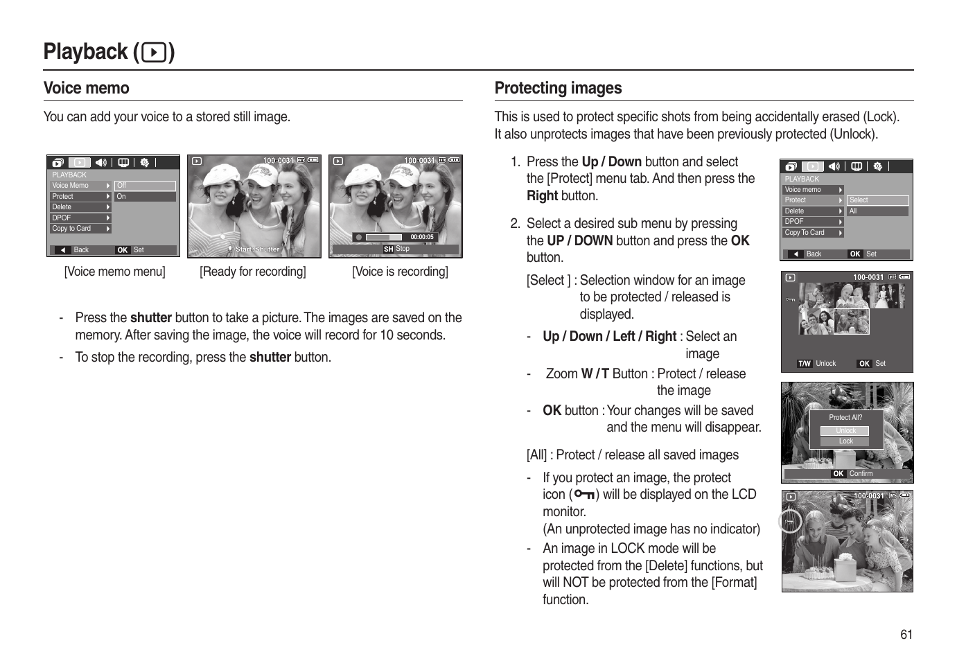 Playback (  ), Protecting images | Samsung EC-L100ZSBA-US User Manual | Page 62 / 102