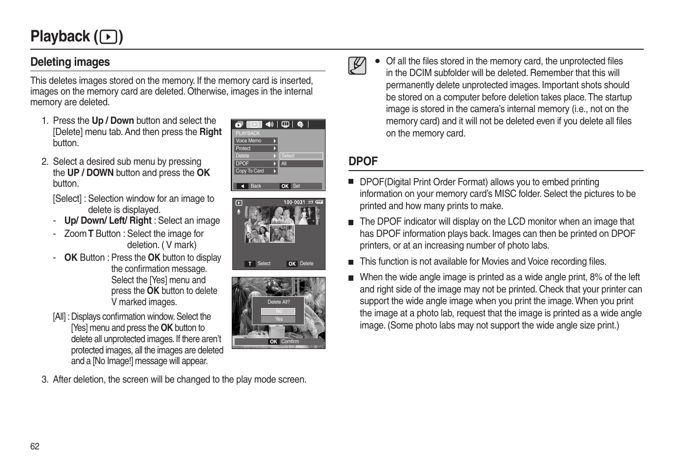 Playback (  ), Dpof, Deleting images | Samsung EC-L100ZSBA-US User Manual | Page 63 / 102