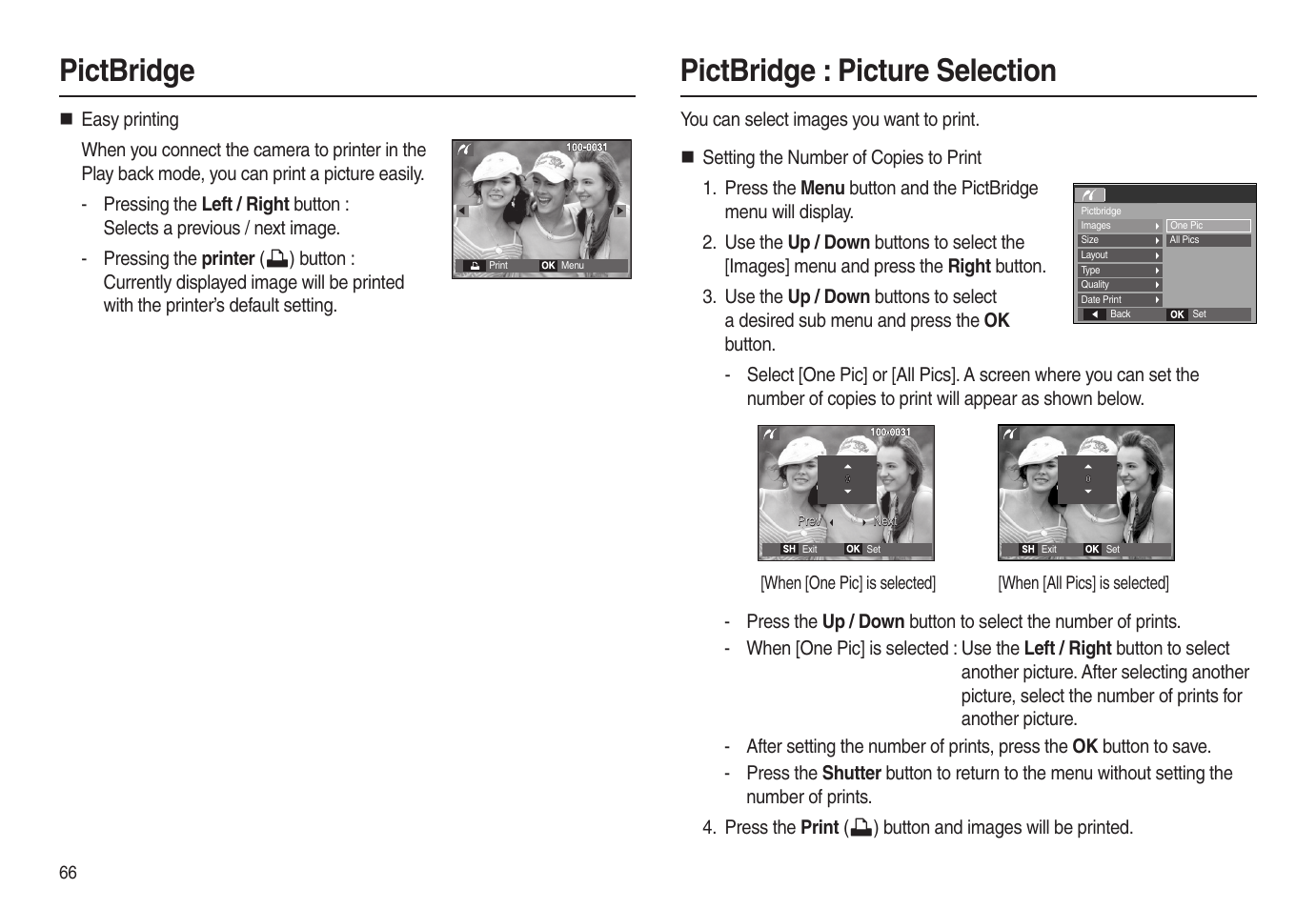 Pictbridge : picture selection, Pictbridge | Samsung EC-L100ZSBA-US User Manual | Page 67 / 102